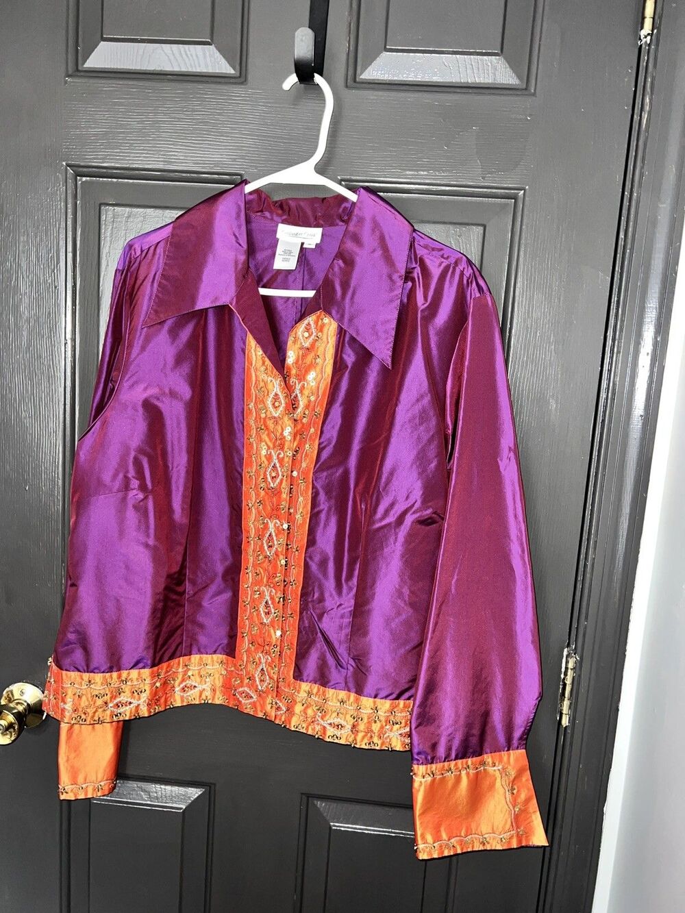 Coldwater Creek Boho Silk Embroidered Purple Orange Etro Style Blouse Blazer XL